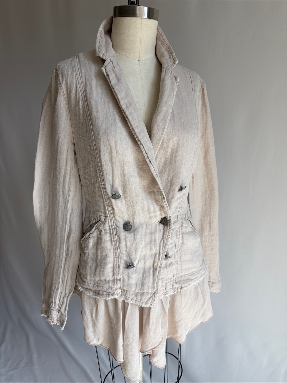 Free People Double-Breasted Light Beige Linen-Blend Blazer